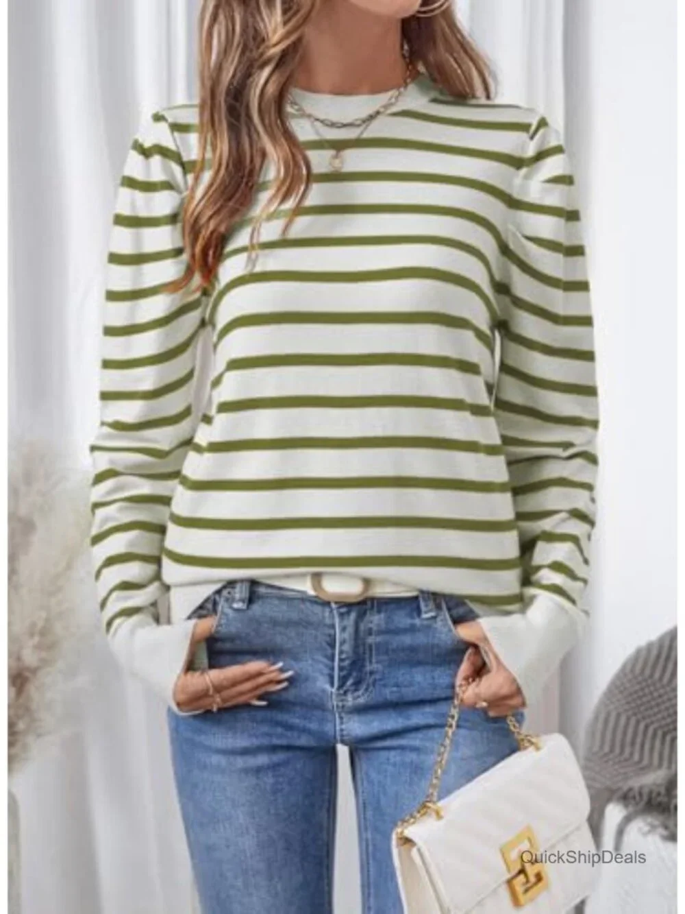 Striped Puff Long Sleeve Knit Pullover Sweater Women Casual Crew Neck